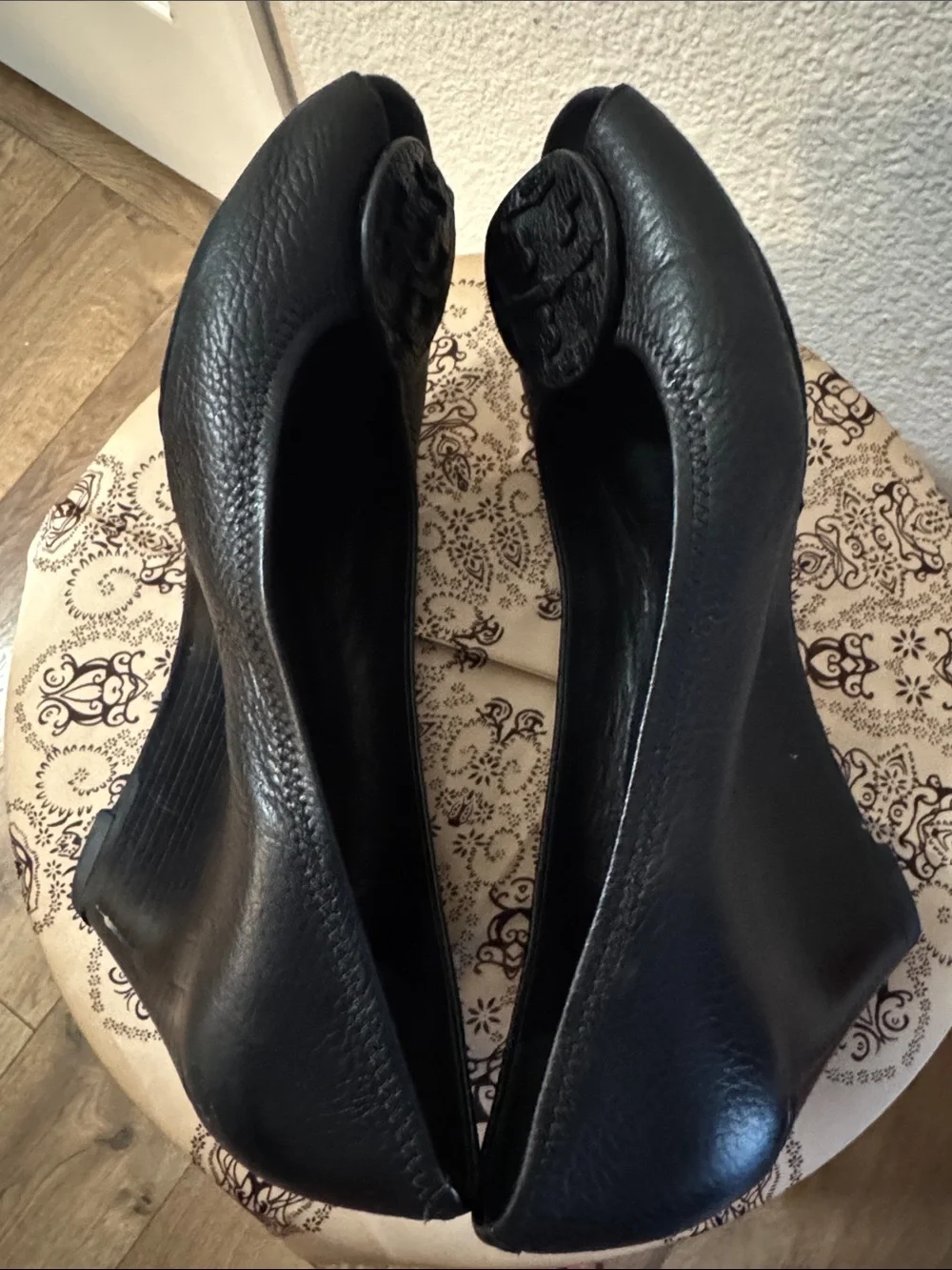 Tory Burch Black Leather Peep-Toe Heels with Logo Emblem